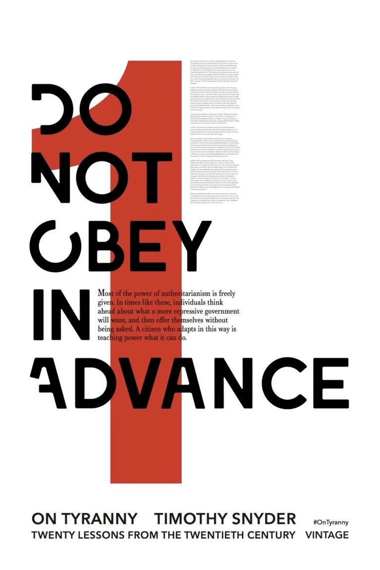 A small version of a poster created by Vintage Press that features a large number 1 and in large font says Do Not Obey in Advance. This is the title of the first lesson from Timothy Snyder's political pamphlet called On Tyranny: Twenty Lessons from the Twentieth Century